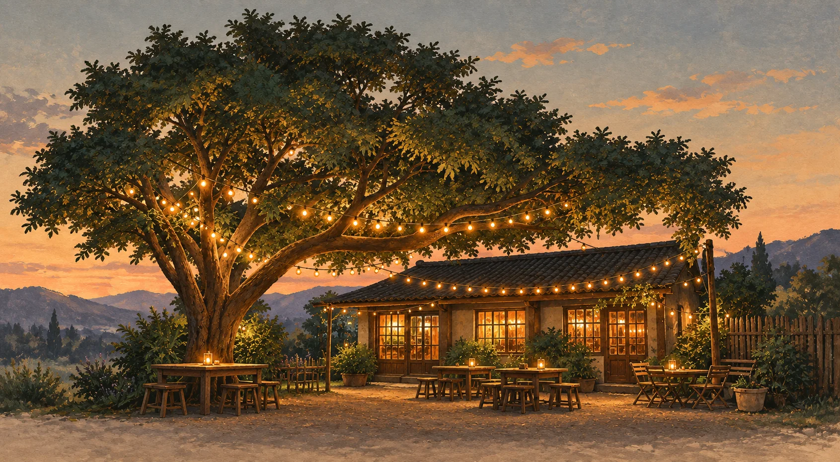 Warm lights and courtyard seating at Lingmu