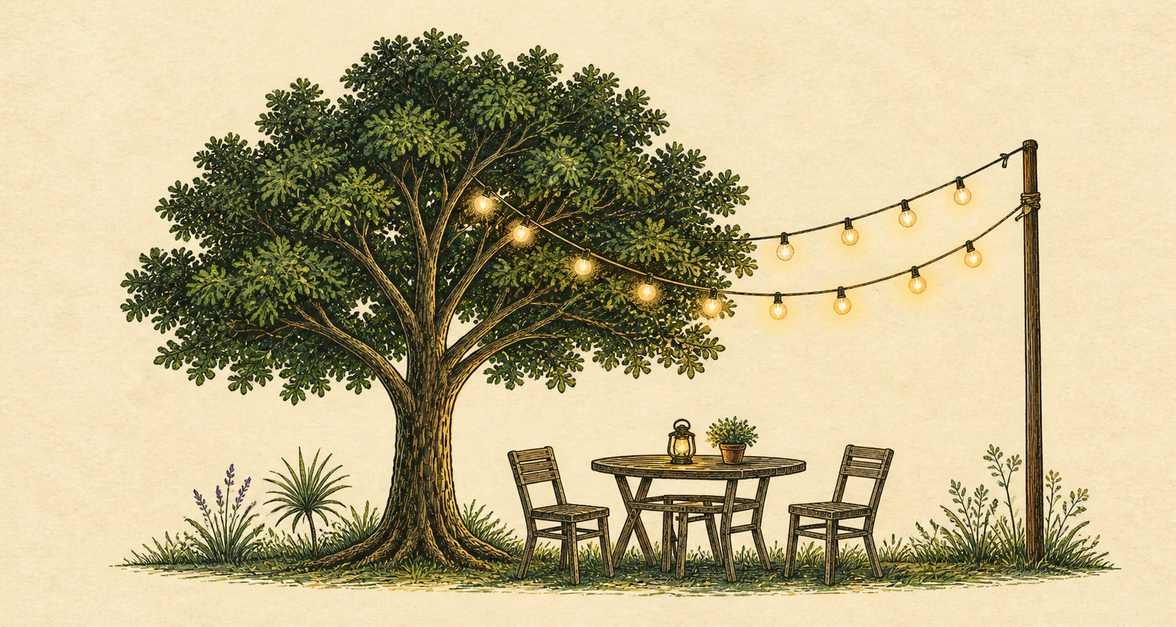 String lights and outdoor seating beneath the trees at Lingmu